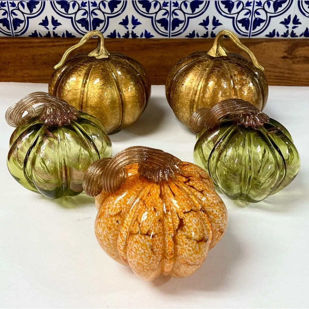 Pier 1 Hand Blown Orange Speckled Glass Pumpkin Glittering Gold Stem Fall Decor